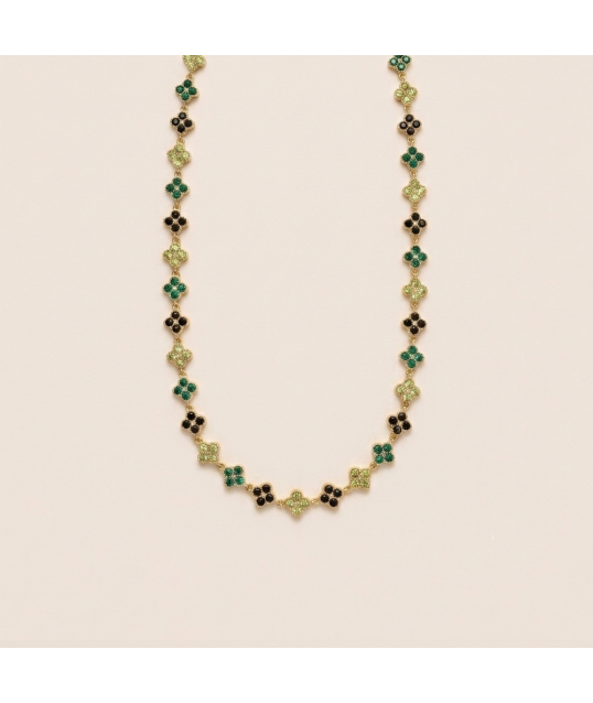 COLLIER FLEURS STRASS VERT