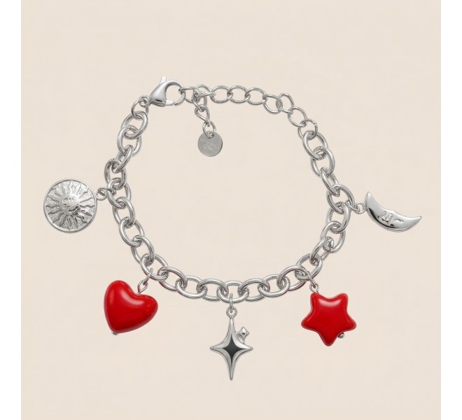 BRACELET CHARMS ROUGE ARGENTÉE